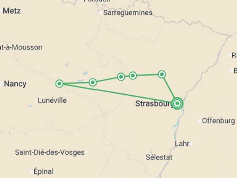 Map itinerary of Europe Tour in March 2026 with 7 destination visits for the trip: A Charming Cruise through Alsace and Lorraine along the Marne-Rhine Canal (port-to-port cruise)