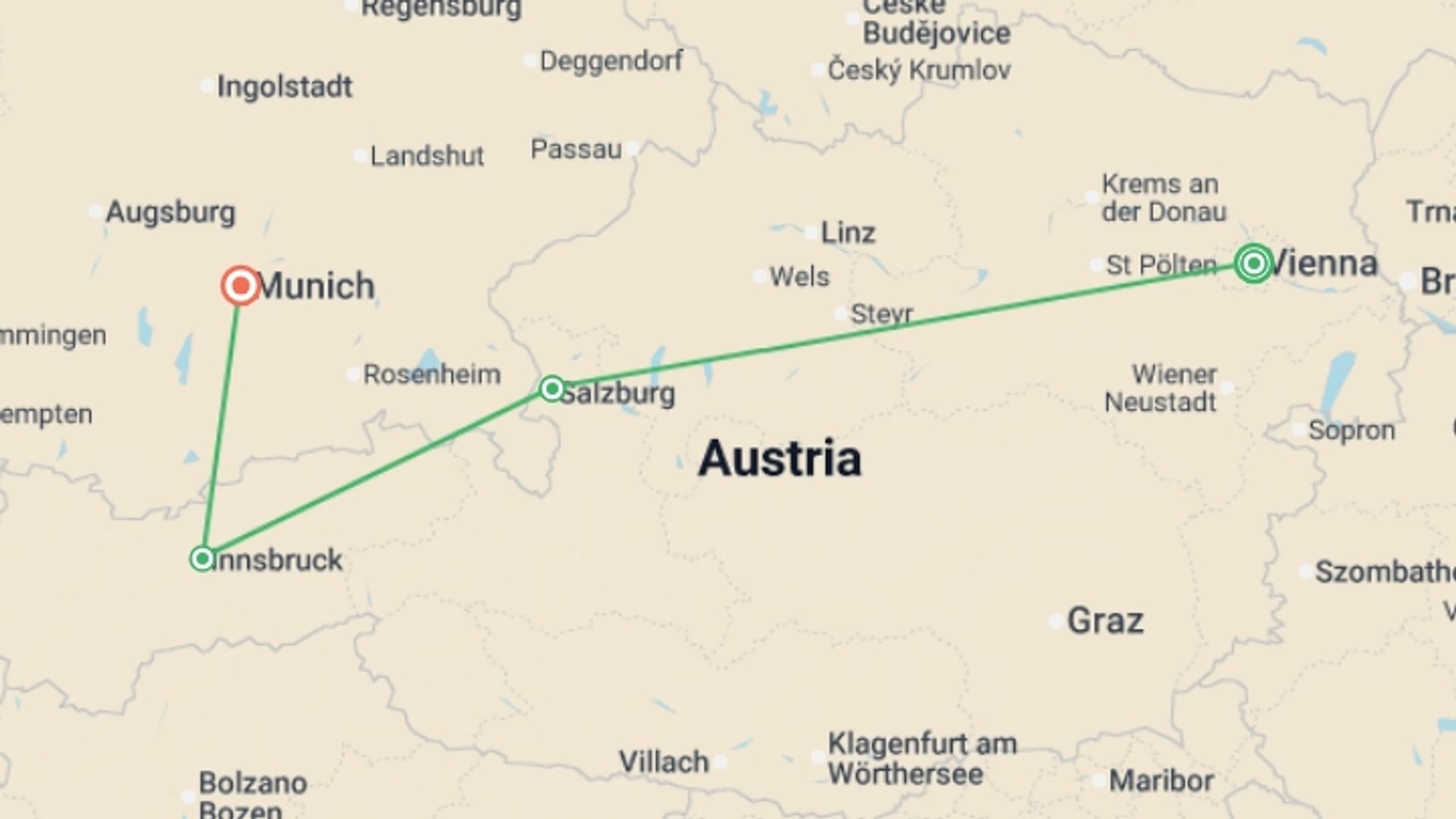 A map showing the tour itinerary for the trip: Christmas Markets of Austria and Bavaria, starting in Vienna, Austria and ending in Munich, Germany going through 2 other destinations.