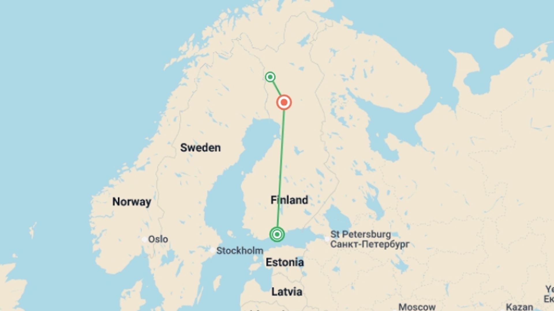 A map showing the tour itinerary for the trip: Finnish Lapland in Winter, starting in Helsinki, Finland and ending in Rovaniemi, Finland going through 1 other destinations.