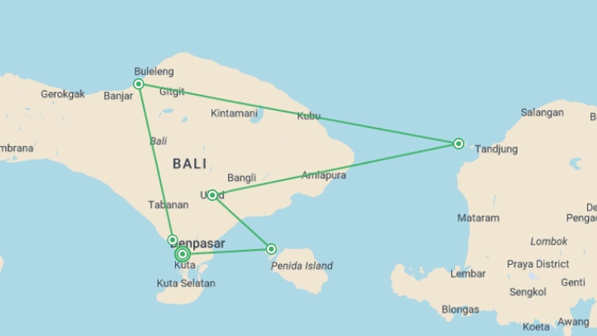 A map showing the tour itinerary for the trip: Bali & Gili Islands Encompassed  - 15 days, starting in Seminyak , Indonesia and ending in Seminyak , Indonesia going through 6 other destinations.