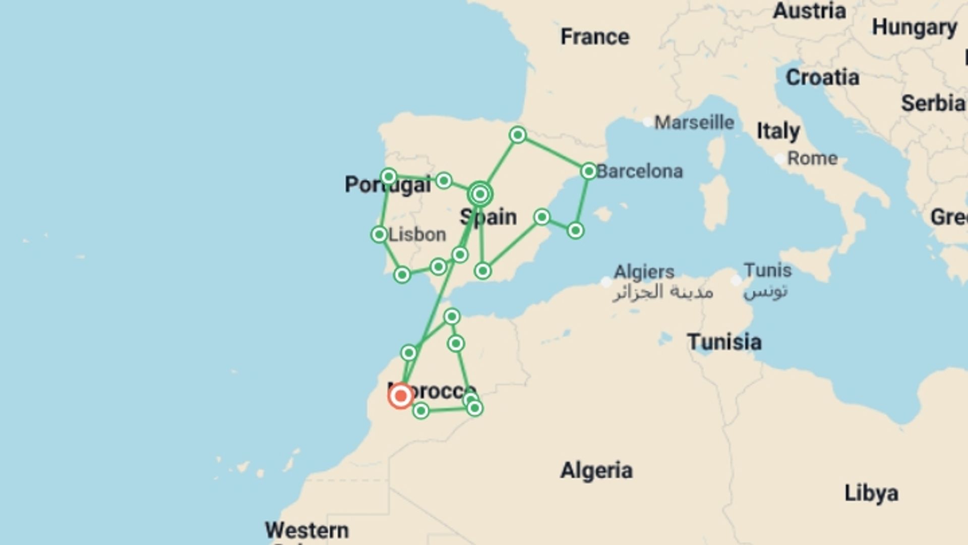 A map showing the tour itinerary for the trip: Spain, Portugal & Morocco Uncovered, starting in Madrid, Spain and ending in Marrakech, Morocco going through 18 other destinations.