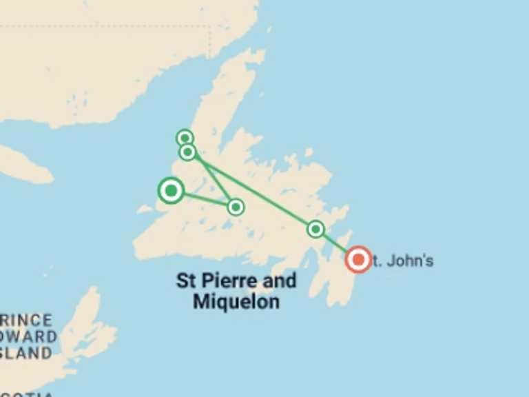 Map itinerary of North America Tour in June 2026 with 7 destination visits for the trip: Newfoundland Discovery - 9 days