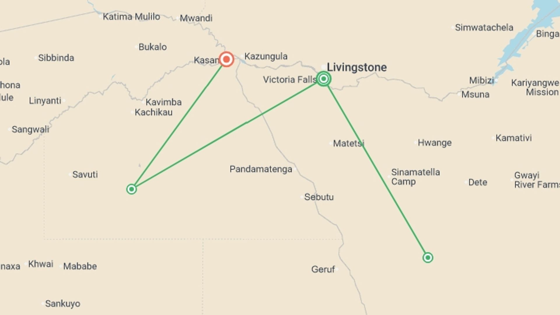 A map showing the tour itinerary for the trip: Zimbabwe and Botswana: Chobe, Hwange & the Wildlife of Victoria Falls, starting in Victoria Falls, Zimbabwe and ending in Kasane, Botswana going through 2 other destinations.