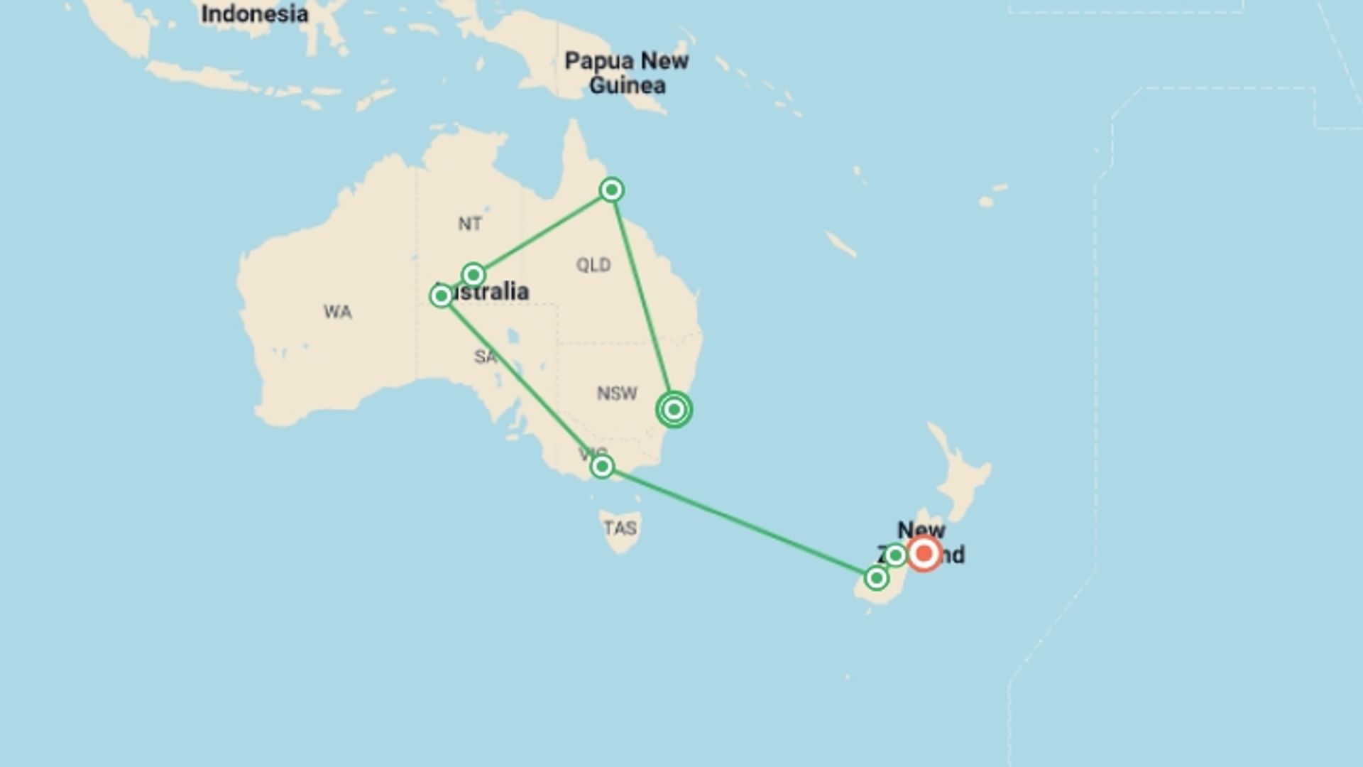 A map showing the tour itinerary for the trip: Australia's Outback to New Zealand's South Island , starting in Sydney, Australia and ending in Christchurch, New Zealand going through 6 other destinations.