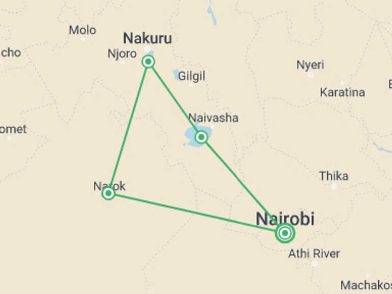 Map of Africa Tour with 5 destination visits for the trip: 6 Days Naivasha, Nakuru, Masai Mara safari