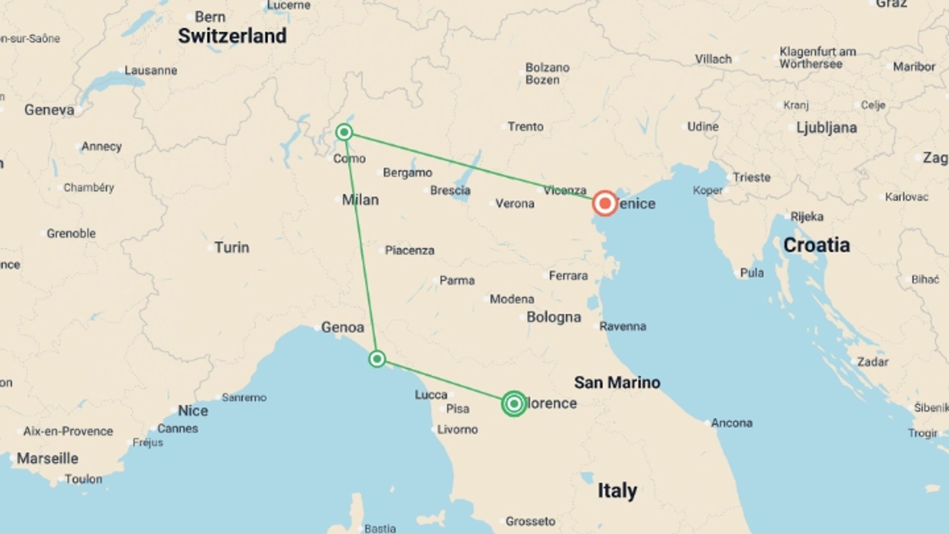 A map showing the tour itinerary for the trip: Solo-ish Italy, starting in Florence, Italy and ending in Venice, Italy going through 2 other destinations.