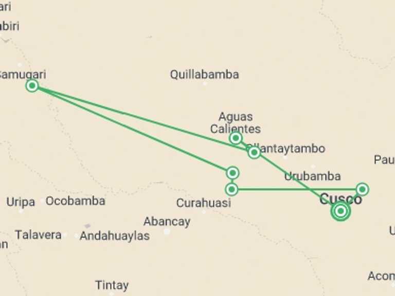 Map itinerary of Peru Tour in July 2027 with 8 destination visits for the trip: Salkantay Trek to Machu Picchu 