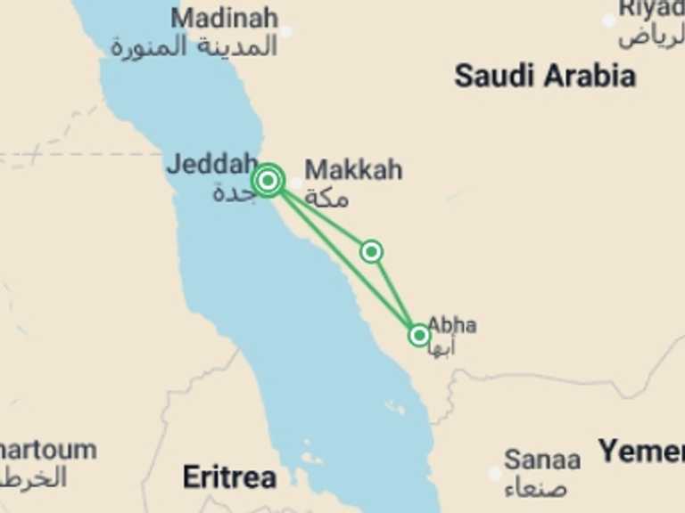 Map itinerary of Asia Tour in December 2026 with 3 destination visits for the trip: Saudi Arabia Expedition - Asir Adventure