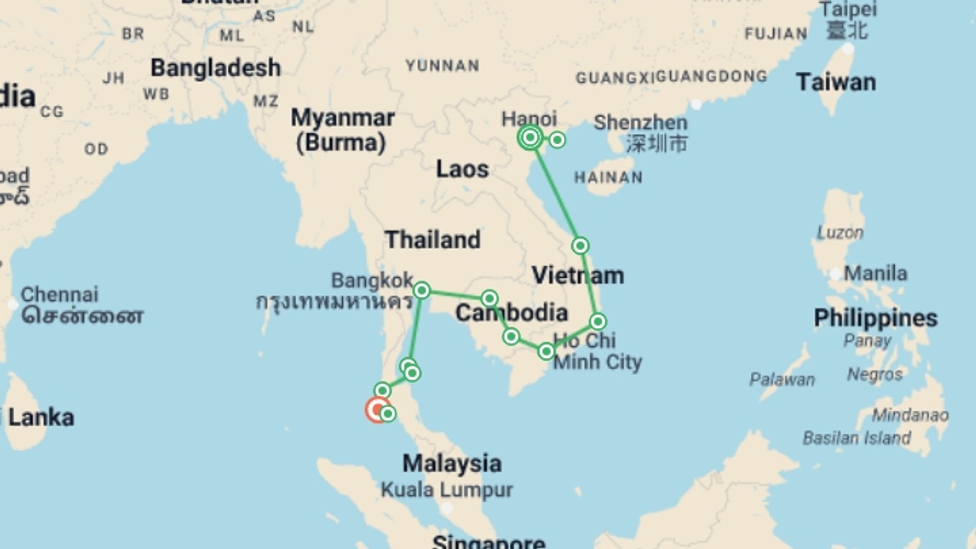 A map showing the tour itinerary for the trip: Get Social: Big Southeast Asia, starting in Hanoi, Vietnam and ending in Phuket, Thailand going through 11 other destinations.