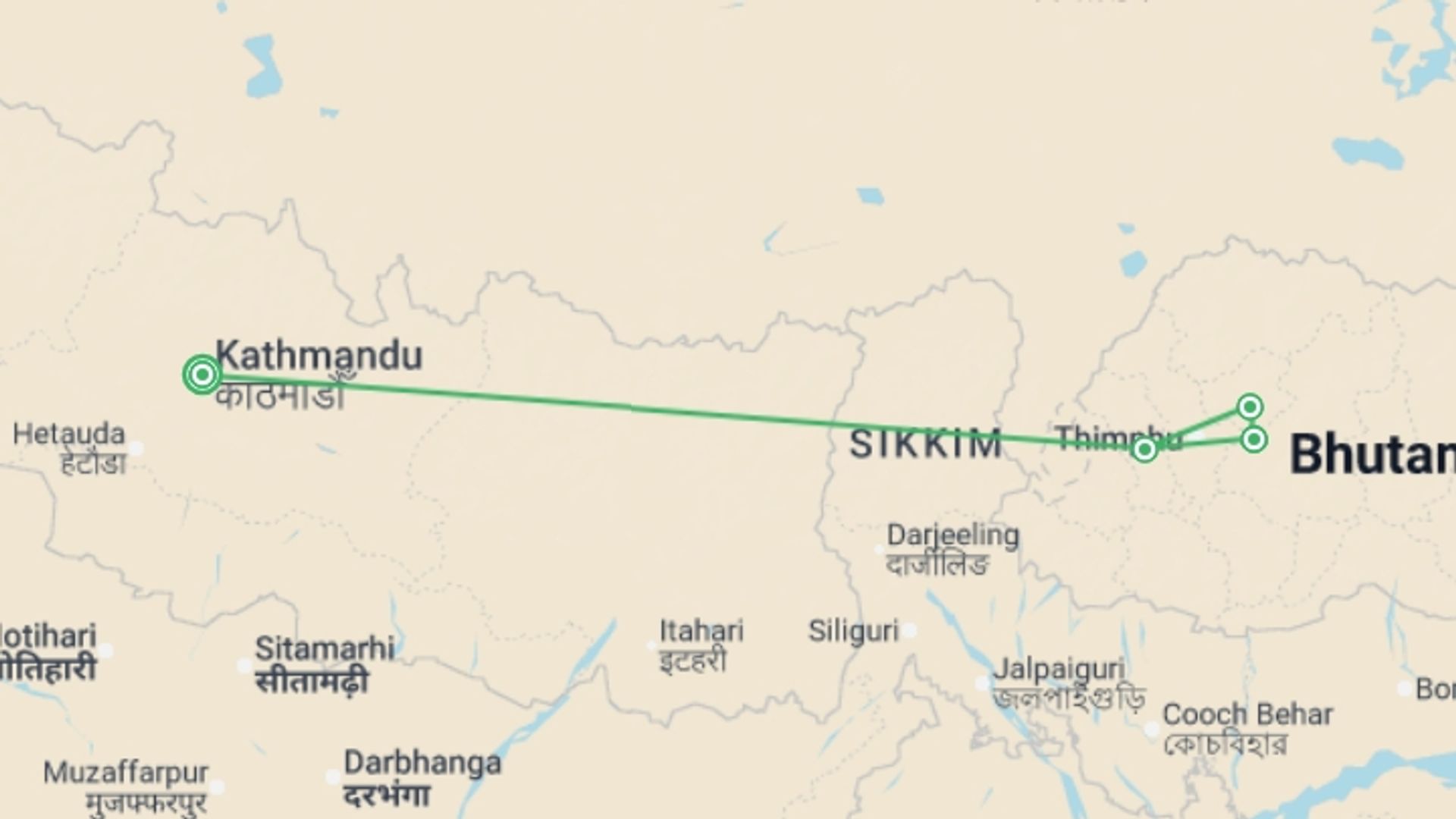 A map showing the tour itinerary for the trip: Festivals of Bhutan, starting in Kathmandu, Nepal and ending in Kathmandu, Nepal going through 3 other destinations.