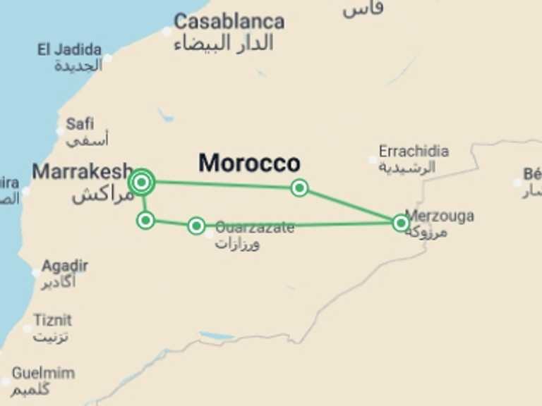 Map itinerary of Morocco Tour in August 2026 with 5 destination visits for the trip: One Week in Morocco: Sahara & Todra Gorge