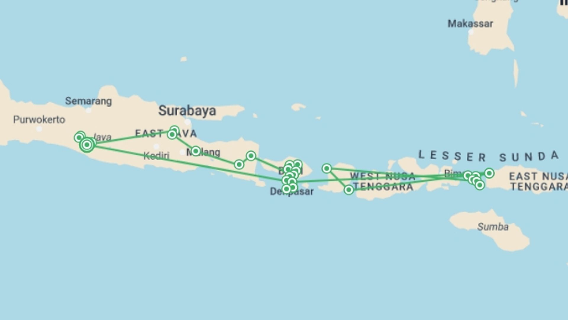 A map showing the tour itinerary for the trip: World's Natural Wonders, Private Tour, starting in Yogyakarta, Indonesia and ending in Yogyakarta, Indonesia going through 10 other destinations.