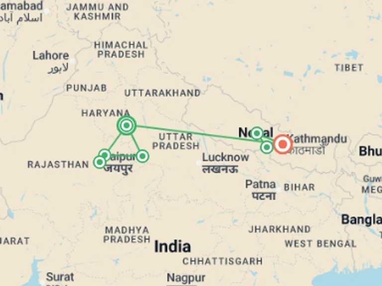 Map of Asia Tour with 7 destination visits for the trip: India & Nepal Adventure