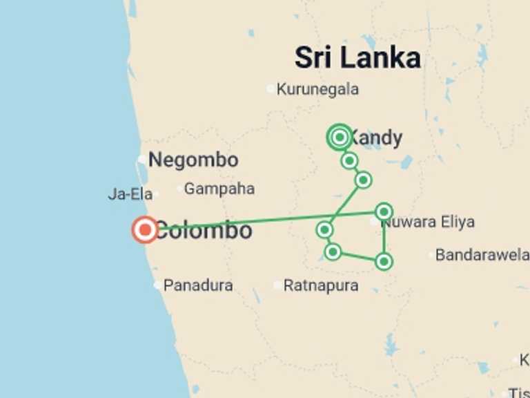 Map itinerary of Sri Lanka Tour in September 2027 with 8 destination visits for the trip: Hike Sri Lanka’s Pekoe Trail