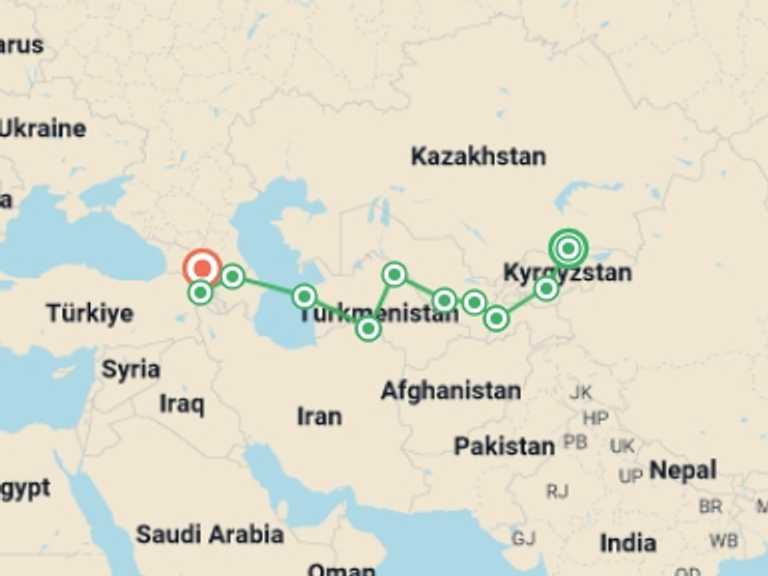 Map of Bishkek Explorer Tour with 11 destination visits for the trip: BISHKEK to TBILISI (55 days)