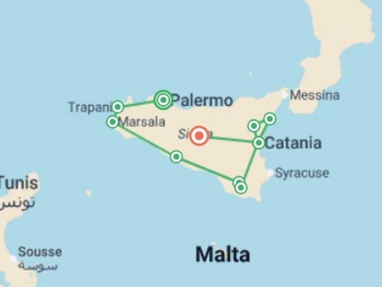 Map itinerary of Mediterranean Tour in January 2027 with 8 destination visits for the trip: Sicily in Depth