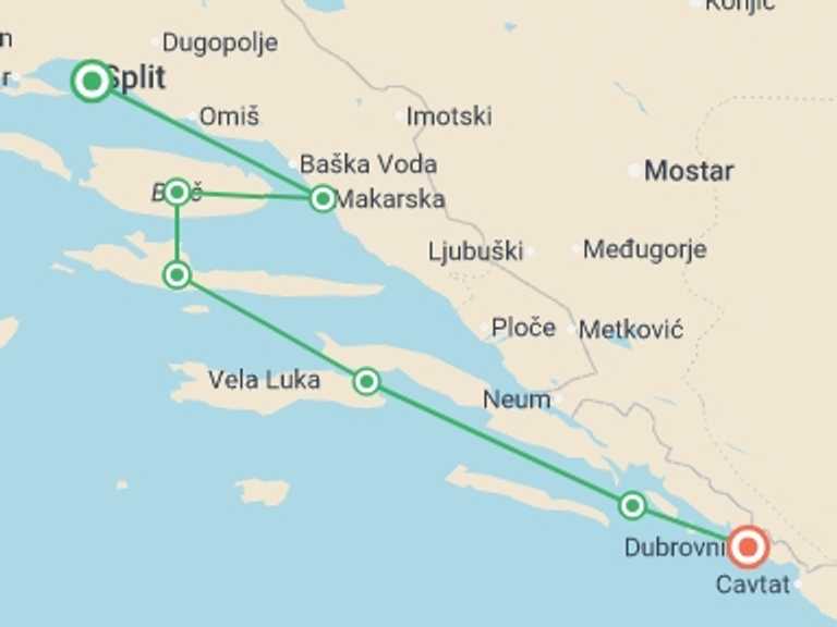 Map of 8-Day Split Tour with 7 destination visits for the trip: Adriatic Explorer from Split Premium Plus - 8 days