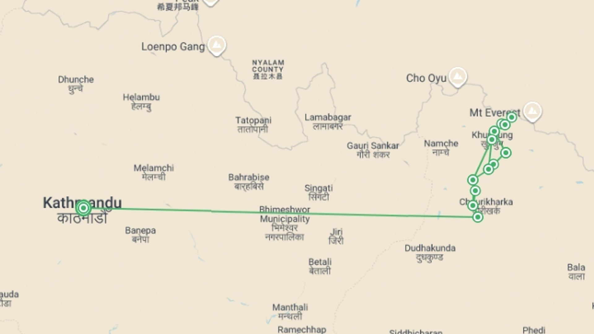 A map showing the tour itinerary for the trip: Everest Base Camp over 55's in Comfort, starting in Kathmandu, Nepal and ending in Kathmandu, Nepal going through 10 other destinations.
