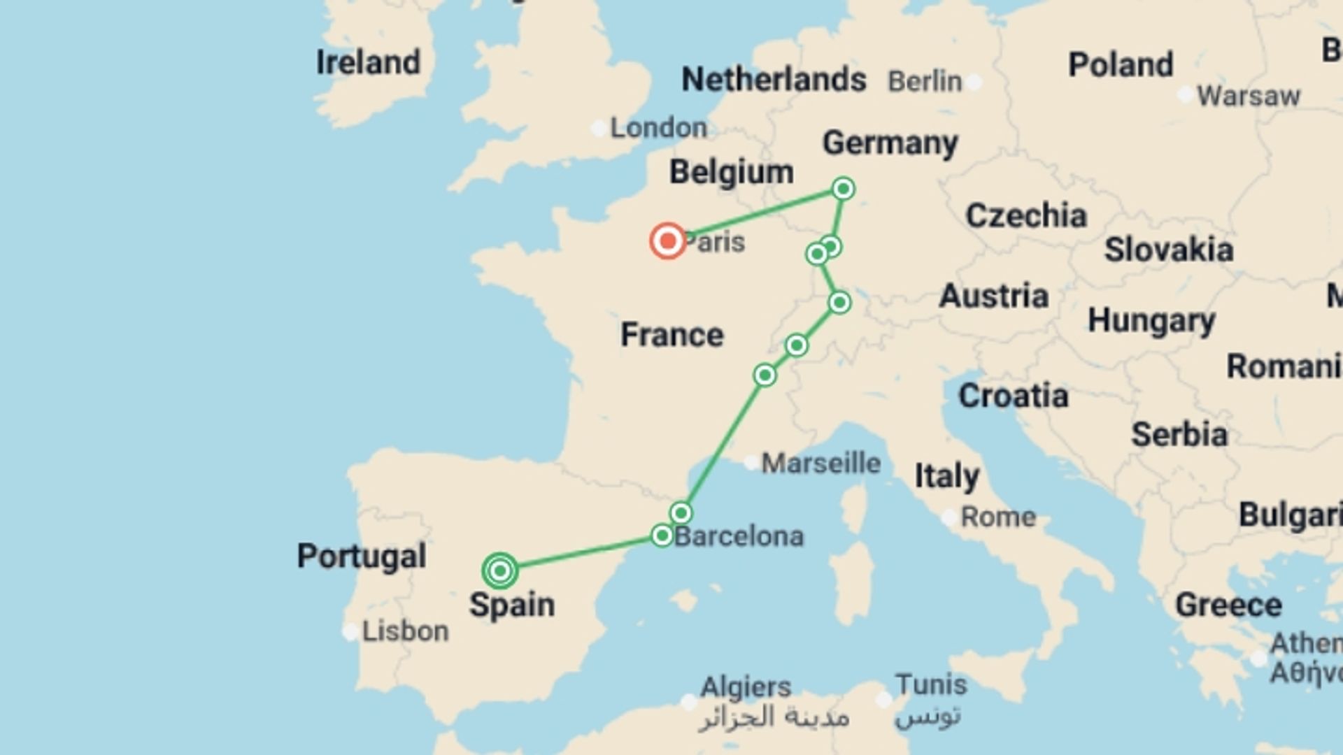 A map showing the tour itinerary for the trip: Spain and Switzerland with Alsace and Black Forest, starting in Madrid, Spain and ending in Paris, France going through 8 other destinations.