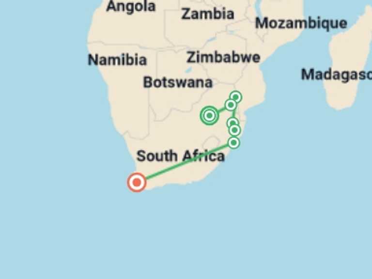 Map itinerary of Kruger National Park Tour in Fall with 7 destination visits for the trip: South Africa Youth Adventure - 12 days