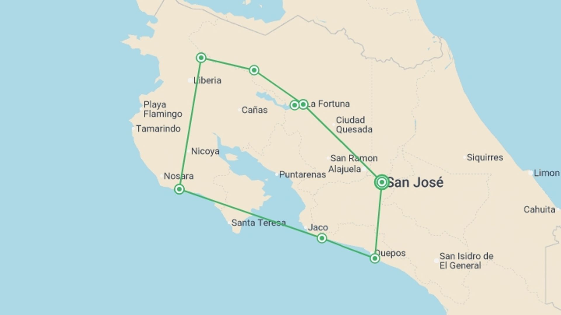 A map showing the tour itinerary for the trip: Costa Rica Adventure, starting in San Jose, Costa Rica and ending in San Jose, Costa Rica going through 6 other destinations.