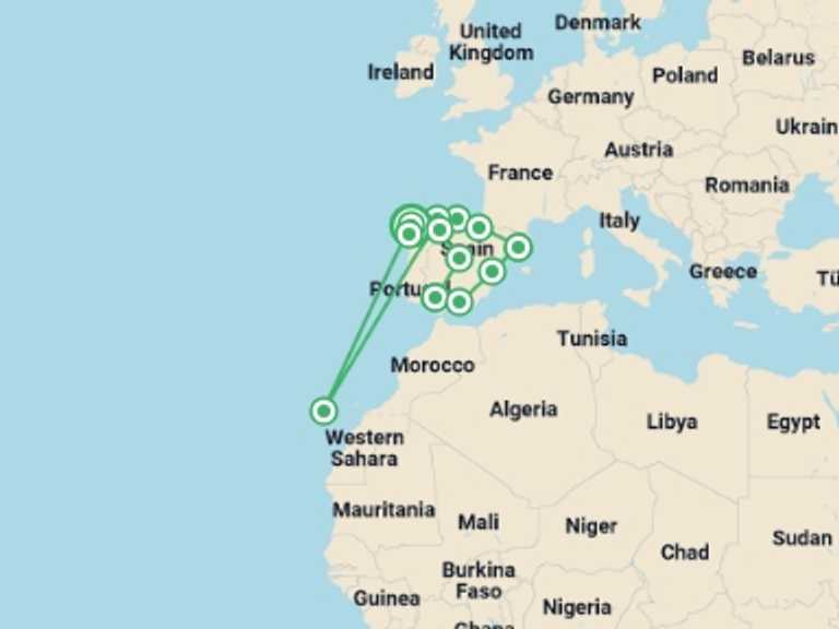 Map of Europe Tour with 12 destination visits for the trip: Highlights of Spain From Santiago - 14 days