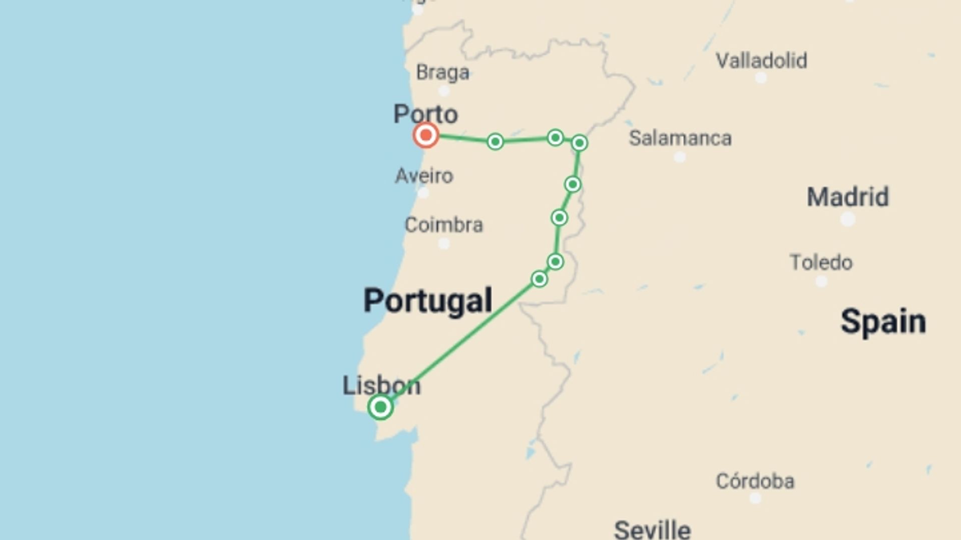 A map showing the tour itinerary for the trip: Cycling Lisbon to Porto via the Historic Interior, starting in Lisbon, Portugal and ending in Porto, Portugal going through 7 other destinations.