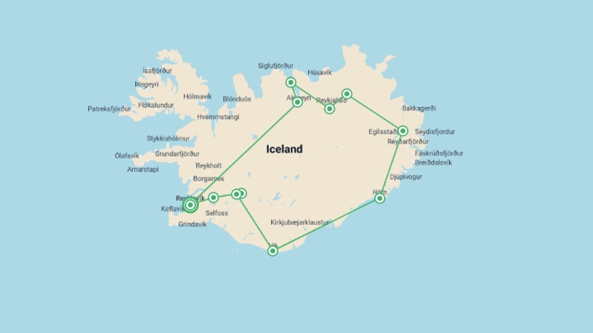 A map showing the tour itinerary for the trip: Iceland Winter Adventure, starting in Reykjavik, Iceland and ending in Reykjavik, Iceland going through 7 other destinations.