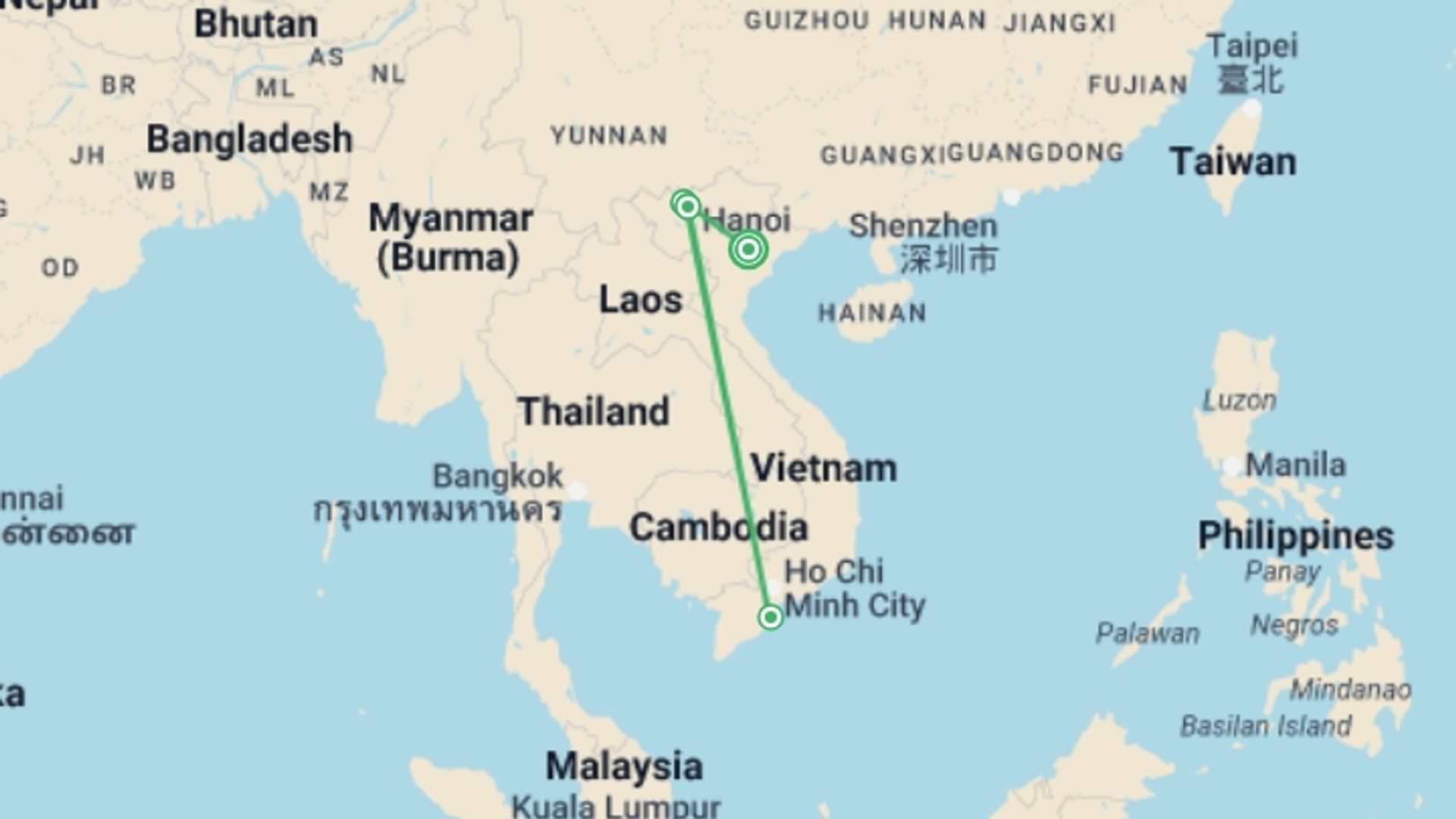 A map showing the tour itinerary for the trip: 2D1N Sapa Trekking Tour with Local Homestay Experience, starting in Hanoi, Vietnam and ending in Hanoi, Vietnam going through 2 other destinations.