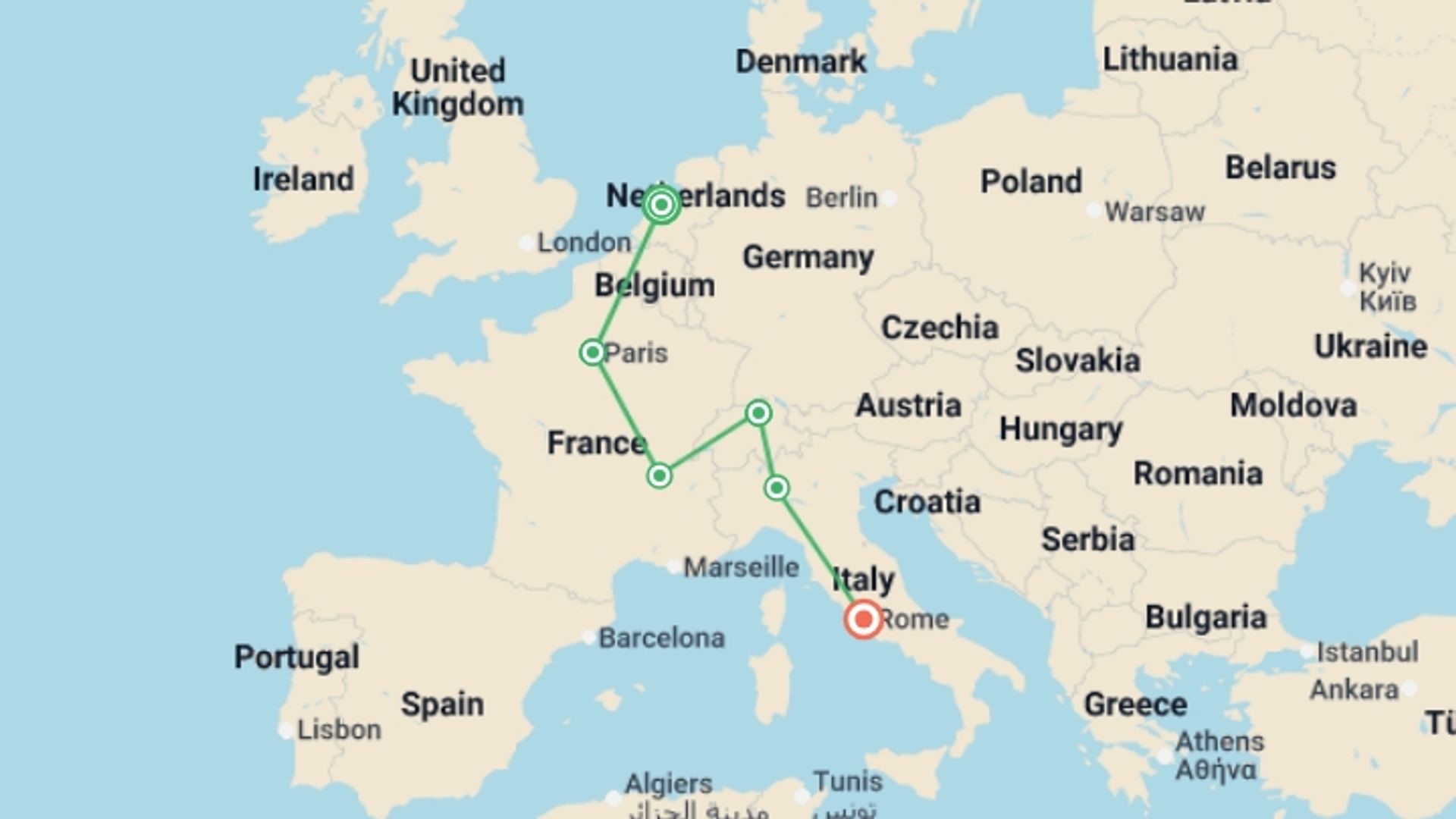 A map showing the tour itinerary for the trip: Romantic Cities GO, starting in Amsterdam, Holland and ending in Rome, Italy going through 4 other destinations.