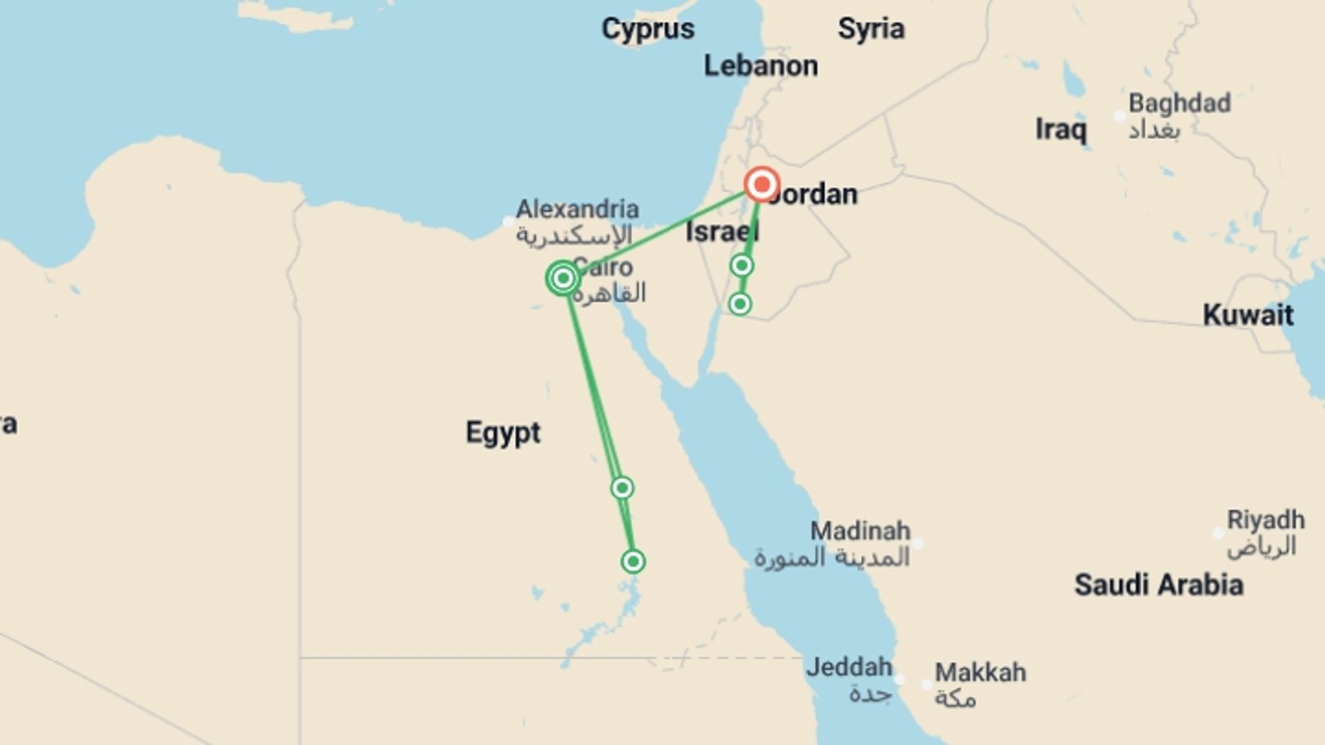 A map showing the tour itinerary for the trip: Highlighs of Egypt & Jordan by Nile Cruise, starting in Cairo, Egypt and ending in Amman, Jordan going through 4 other destinations.