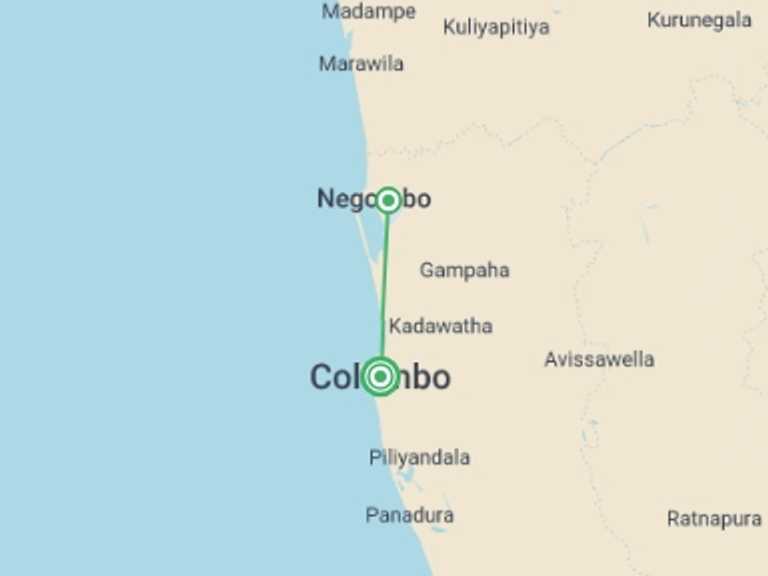 Map itinerary of South Asia Tour in December 2026 with 2 destination visits for the trip: City Break, Escape To Negombo