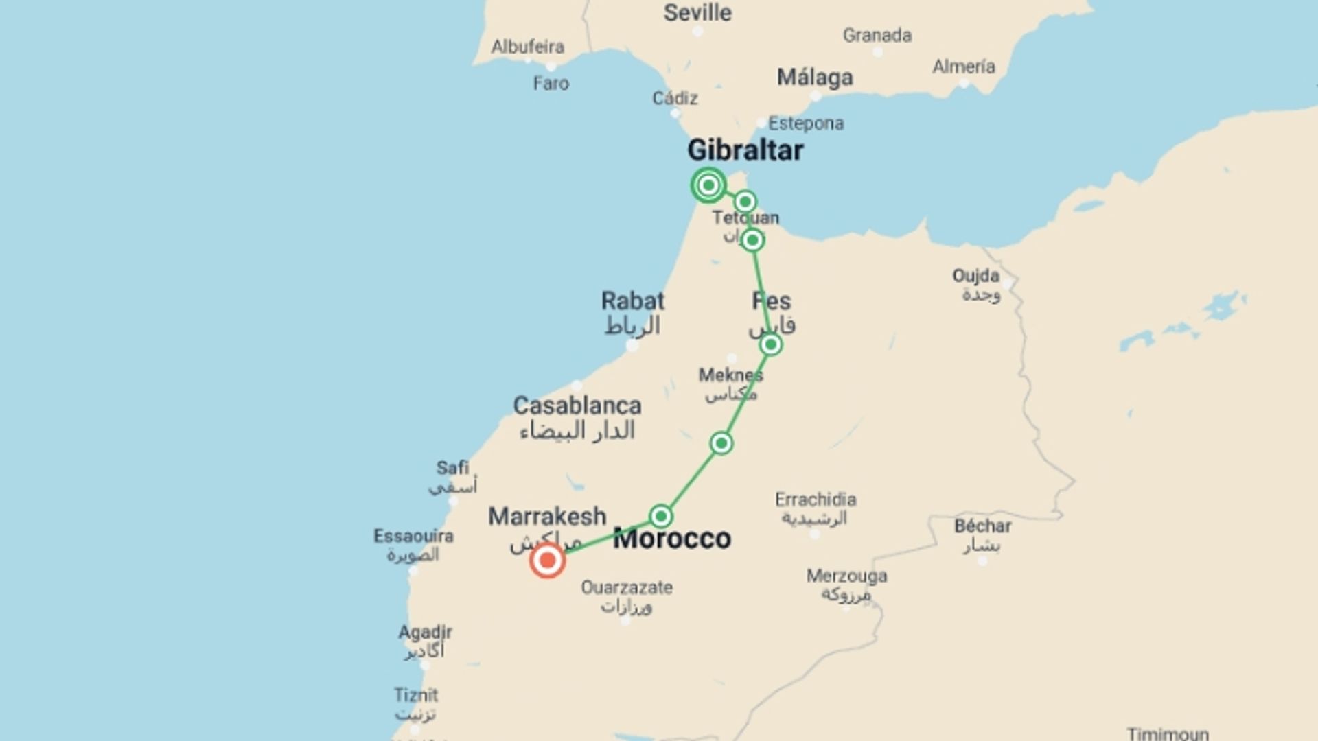 A map showing the tour itinerary for the trip: Active Morocco: Rif Mountains, starting in Tangier, Morocco and ending in Marrakech, Morocco going through 5 other destinations.