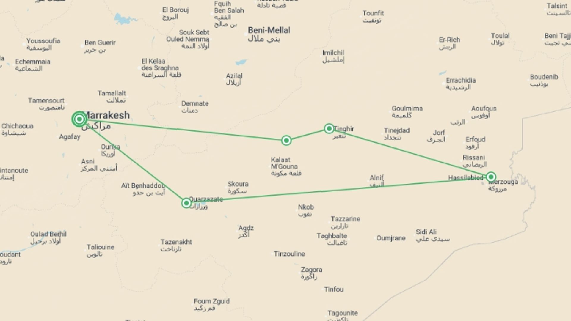 A map showing the tour itinerary for the trip: Christmas in Morocco - 8 days, starting in Marrakech, Morocco and ending in Marrakech, Morocco going through 4 other destinations.