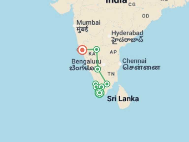 Map itinerary of South Asia Tour in Summer with 9 destination visits for the trip: South India Revealed