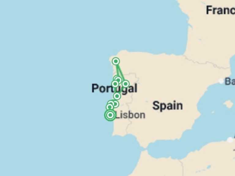 Map of Lisbon Sightseeing Tour with 3 destination visits for the trip: Northern Portugal with Lisbon