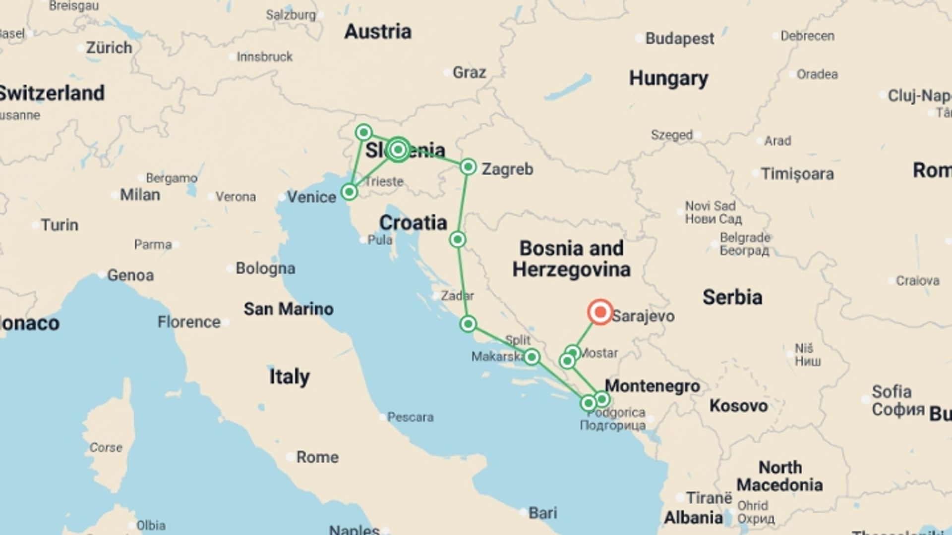 A map showing the tour itinerary for the trip: Classic Balkans:  Ljubljana to Sarajevo, starting in Ljubljana, Slovenia and ending in Sarajevo, Bosnia Herzegovina going through 10 other destinations.