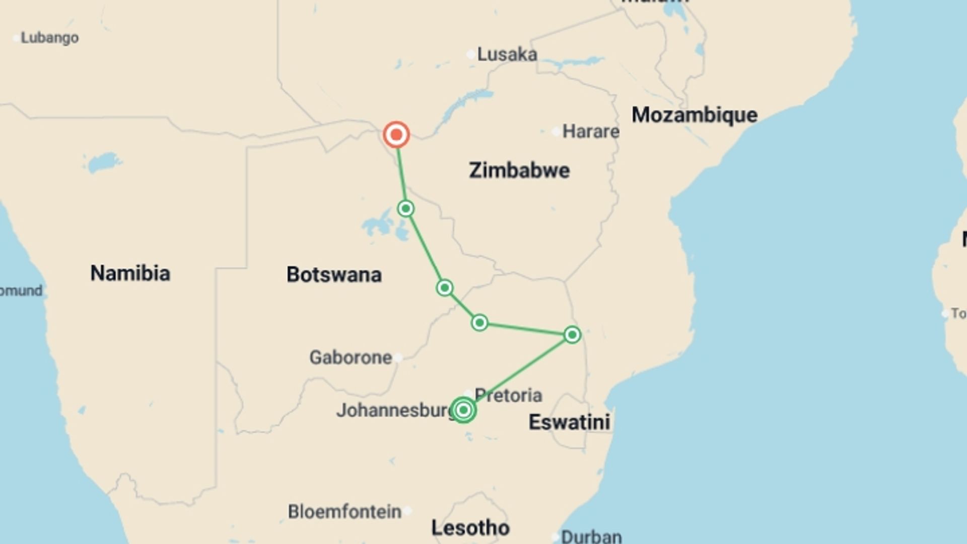 A map showing the tour itinerary for the trip: Kruger to Vic Falls, starting in Johannesburg, South Africa and ending in Victoria Falls, Zimbabwe going through 4 other destinations.
