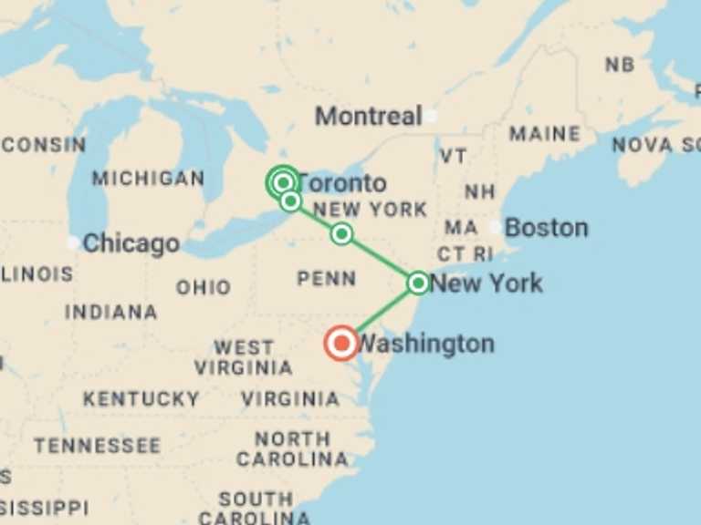 Map of North America Tour with 4 destination visits for the trip: Toronto, Niagara with East Coast End Washington