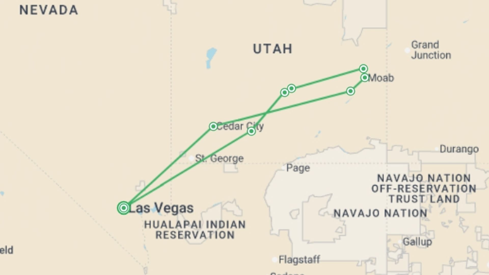 A map showing the tour itinerary for the trip: Mighty 5 Canyons Adventure (from Las Vegas) 5D/4N, starting in Las Vegas, USA and ending in Las Vegas, USA going through 4 other destinations.