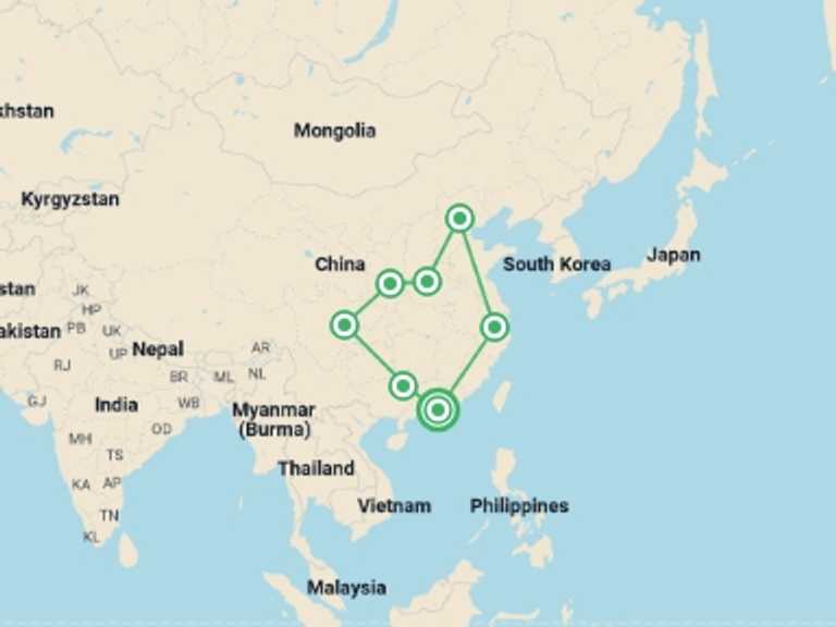 Map itinerary of Yangshuo Tour in Spring with 7 destination visits for the trip: Essential China From Hong Kong - 26 days