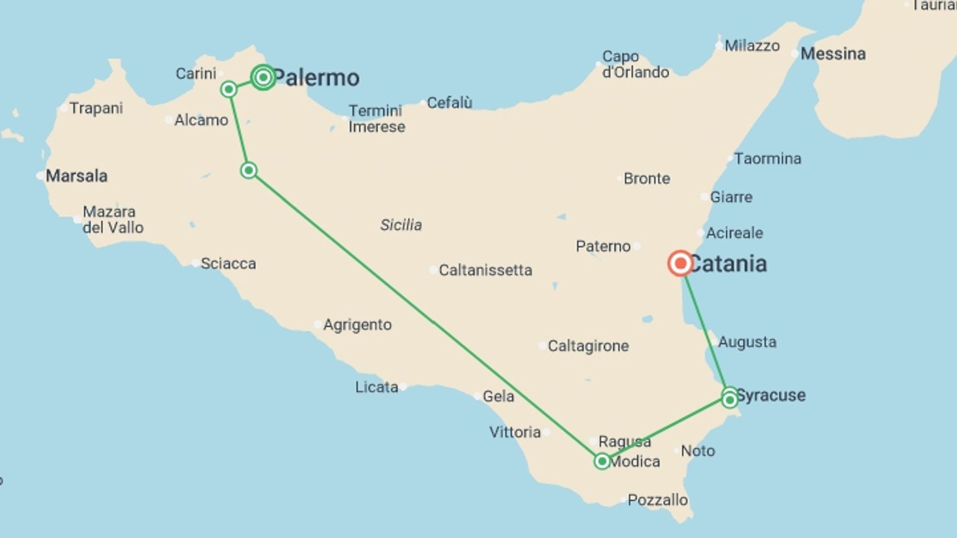 A map showing the tour itinerary for the trip: A Taste of Sicily - Palermo to Syracuse, starting in Palermo, Italy and ending in Catania, Italy going through 5 other destinations.