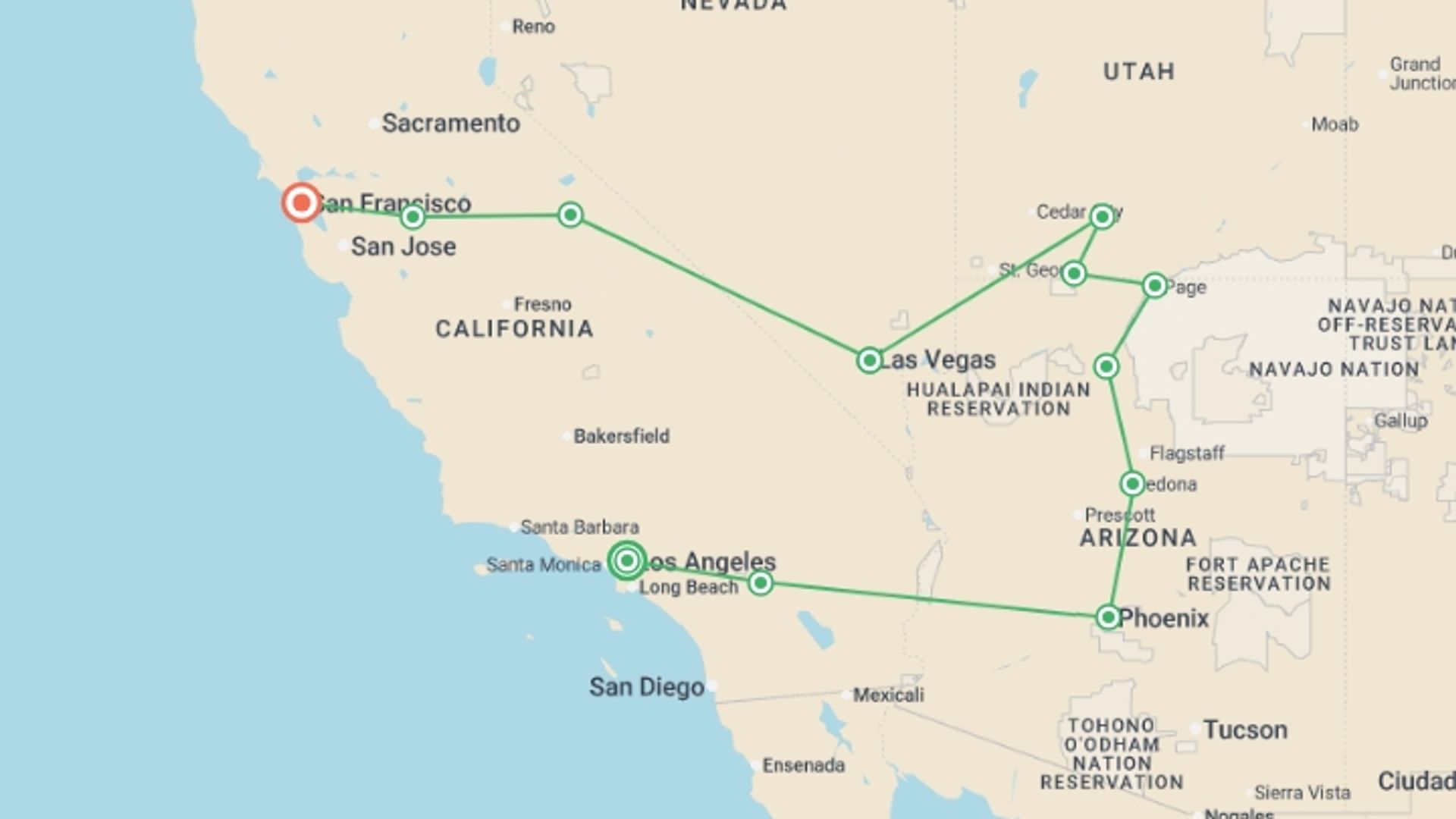 A map showing the tour itinerary for the trip: Splendors of the West, starting in Los Angeles, USA and ending in San Francisco, USA going through 7 other destinations.