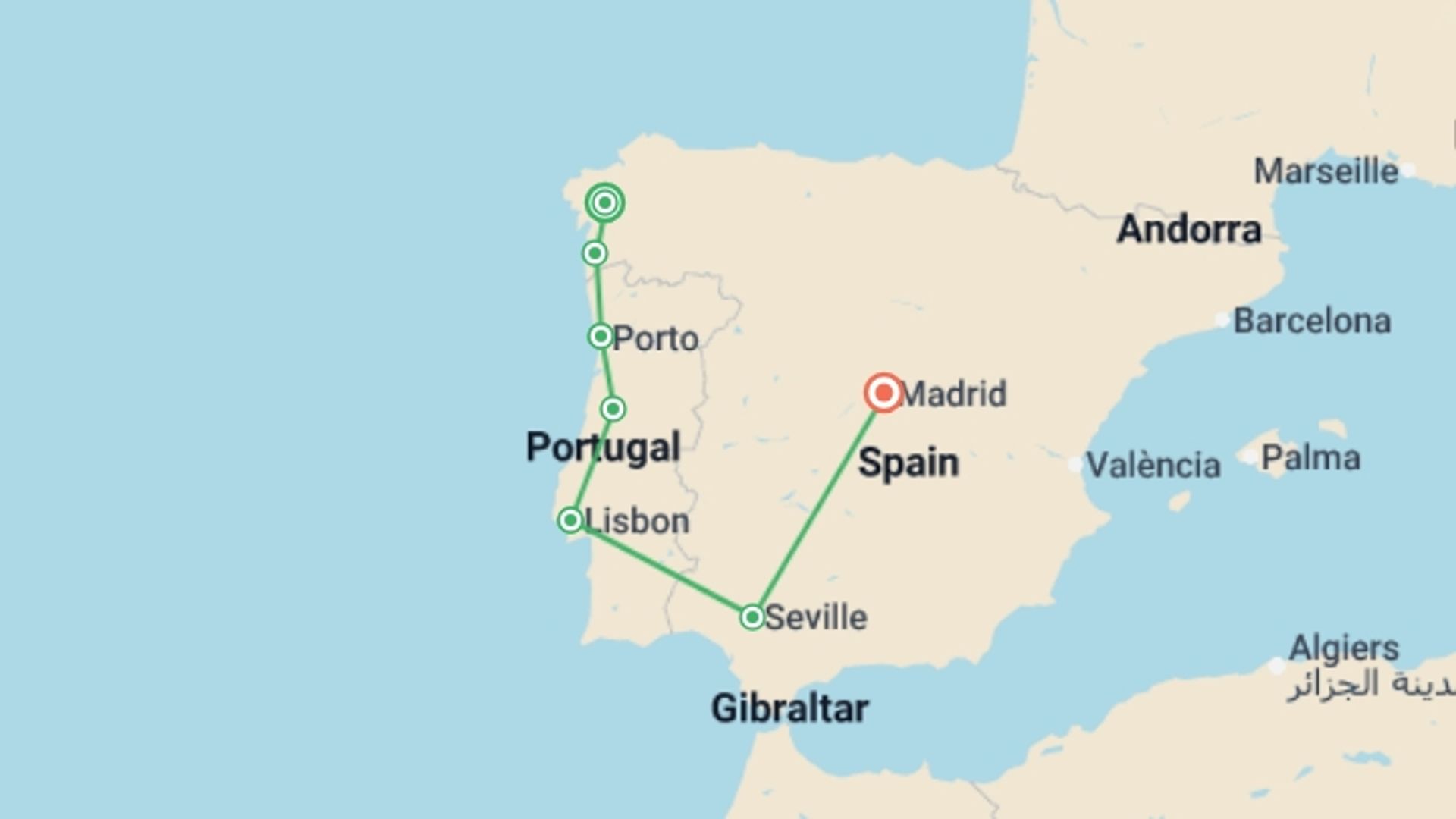 A map showing the tour itinerary for the trip: Santiago, Portugal & Seville With Train - 9 days, starting in Santiago De Compostela, Spain and ending in Madrid, Spain going through 5 other destinations.