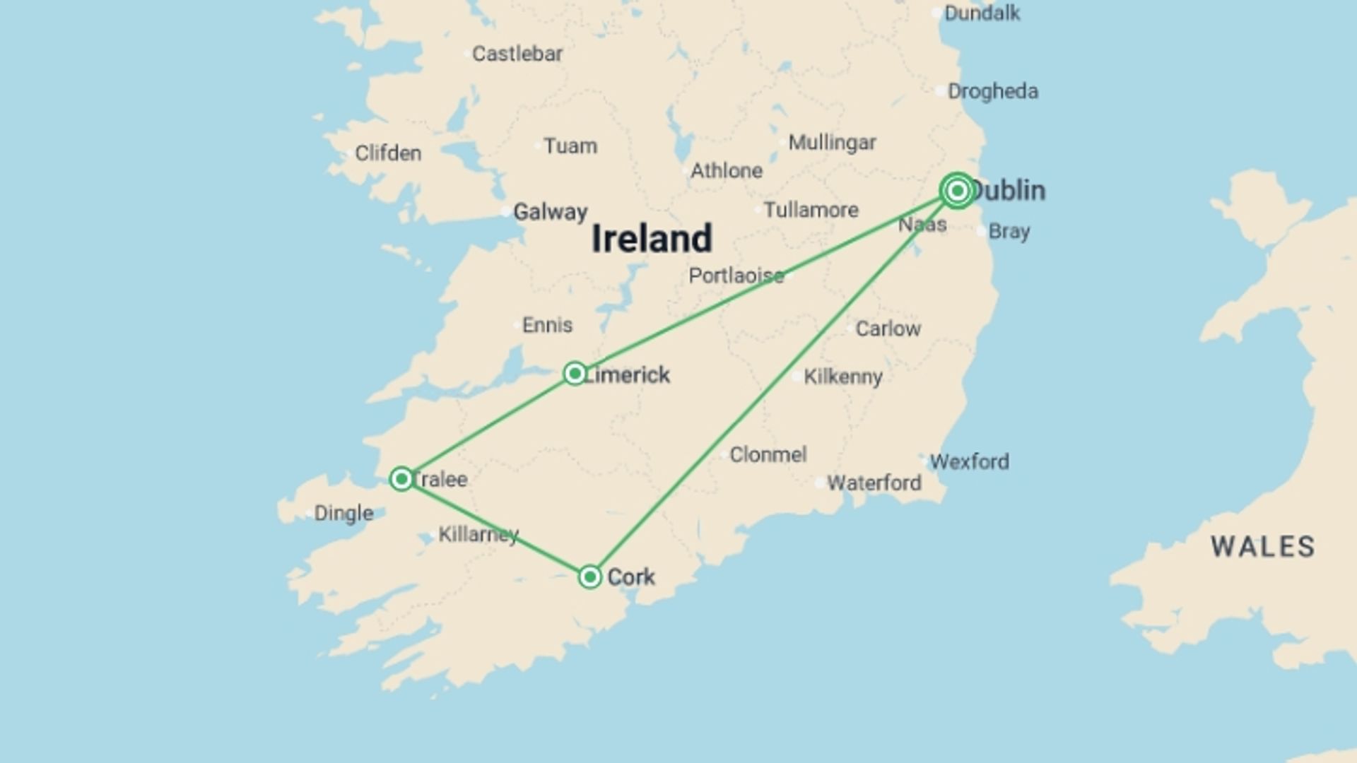 A map showing the tour itinerary for the trip: Treasures of Ireland, starting in Dublin, Ireland and ending in Dublin, Ireland going through 3 other destinations.