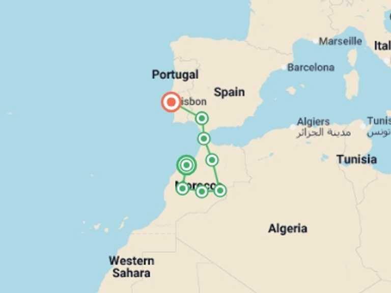 Map of Marrakech Walking Tour with 8 destination visits for the trip: Moroccan Capitals, Seville and Lisbon