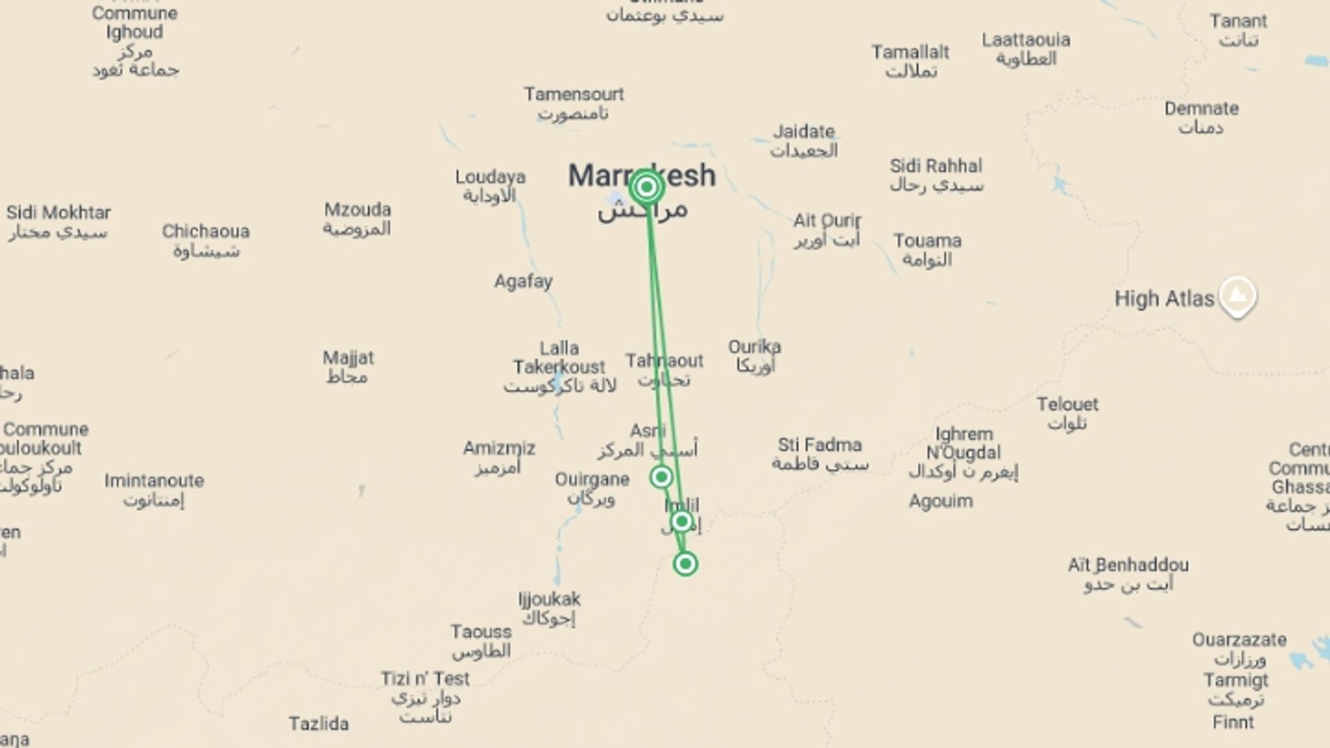 A map showing the tour itinerary for the trip: Climb Morocco's Mt Toubkal, starting in Marrakech, Morocco and ending in Marrakech, Morocco going through 3 other destinations.