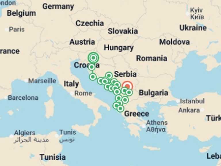 Map itinerary of Europe Tour in September 2027 with 22 destination visits for the trip: Balkans Uncovered: Zagreb to Pristina