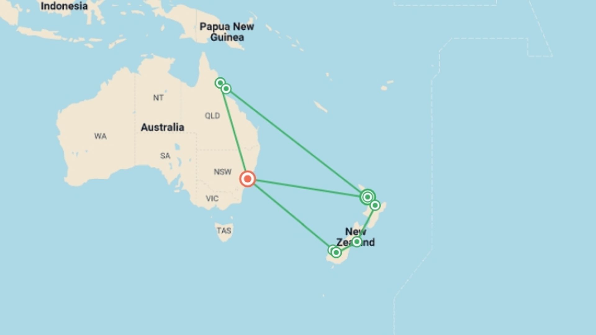A map showing the tour itinerary for the trip: South Pacific Wonders including New Zealand's North Island, starting in Auckland, New Zealand and ending in Sydney, Australia going through 4 other destinations.