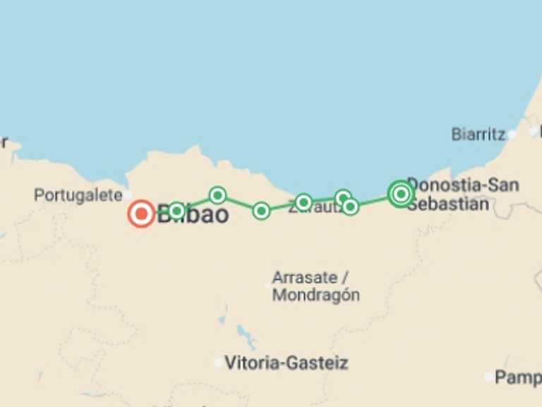 Map itinerary of Mediterranean Tour in May 2026 with 8 destination visits for the trip: Camino Norte - San Sebastian to Bilbao